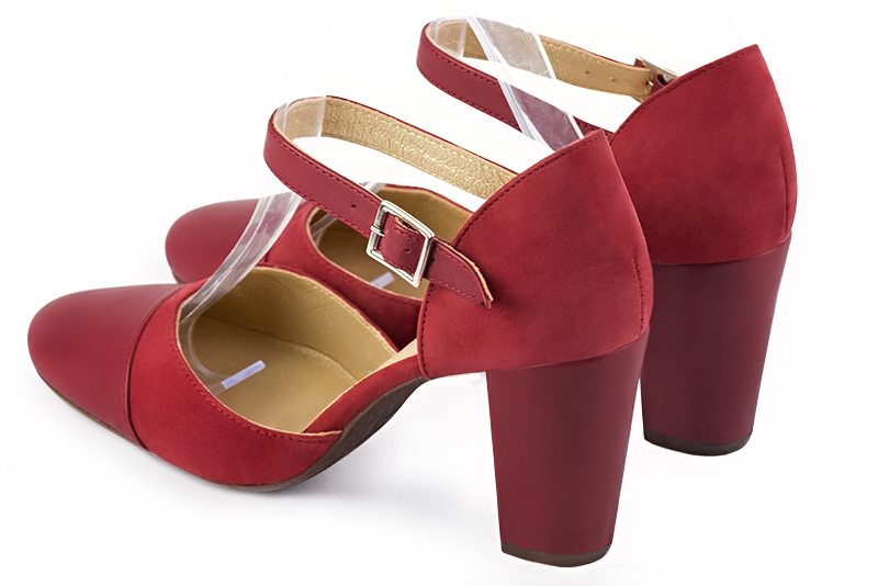 Cardinal red women's open side shoes, with an instep strap. Round toe. High block heels. Rear view - Florence KOOIJMAN